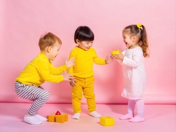 blocks 위의 분홍색 배경이 있는 two children playing