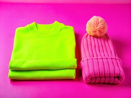 한 쌍의 sweaters이 있는 분홍색와 초록색 shelf