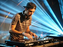 파란색 lights이 있는 dj 안의 front의 stage