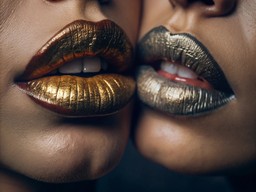gold lipsticks 위의 their faces이 있는 two women