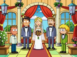 bride와 groom이 있는 자동차toon wedding scene