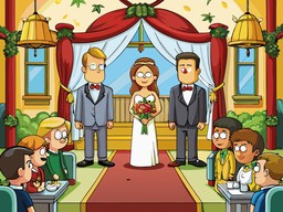 bride와 groom이 있는 자동차toon wedding scene
