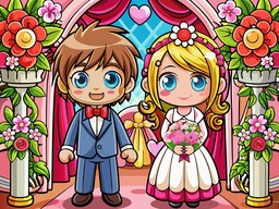 bride와 groom이 있는 자동차toon wedding scene