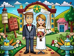 bride와 groom이 있는 자동차toon wedding scene