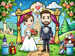 bride와 groom이 있는 자동차toon wedding scene