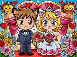 bride와 groom이 있는 자동차toon wedding scene