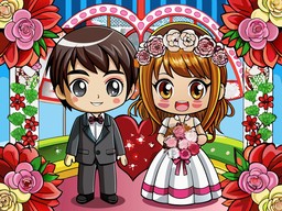 bride와 groom이 있는 자동차toon wedding scene