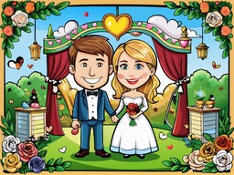 bride와 groom이 있는 자동차toon wedding scene
