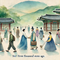 거리를 걷는 그림 무리 사람들