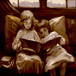 책 을 읽고 있는 두 자녀 의 그림