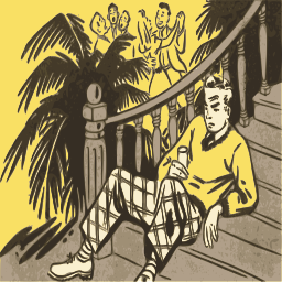 retro style man sitting 로 staircase 흡연 담배