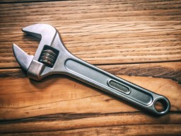 나무 탁자 위의 vector illustration wrench