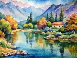 배경 에서 산을 가진 강의 그림
