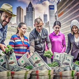 group 사람들 서 있는 around pile money