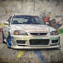 앞 graffiti wall 안의 흰색 car parked