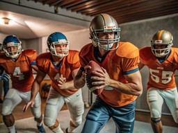 group football players running through tunnel