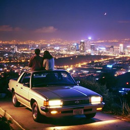 side 길 at night 위의 car parked