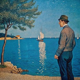 물 옆 에서 서 있는 사람 의 그림