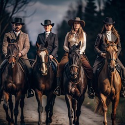 group 사람들 riding horses down dirt 길