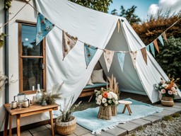 stone patio 위에 앉아 있는 흰색 tent