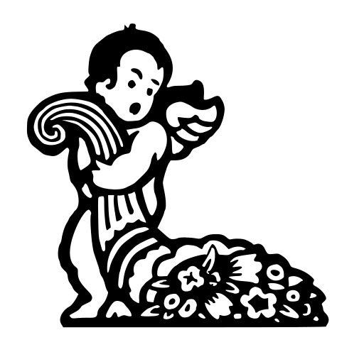 음식의 바구니와 어린이의 검은 색과 흰색 그림
