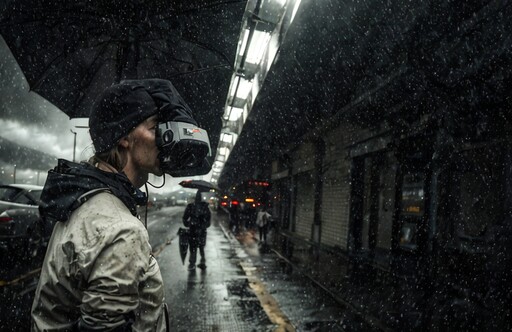 비에서 VR 헤드셋을 가진 남자