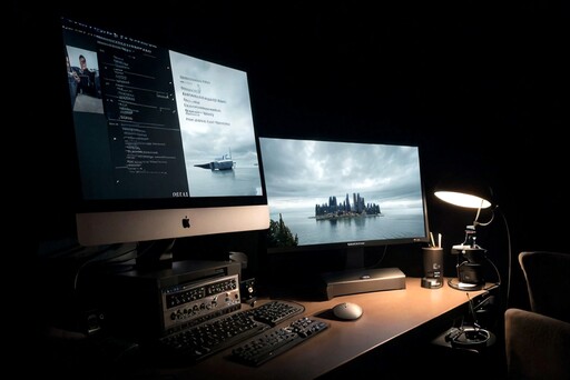 두 개의 컴퓨터 모니터와 키보드가 있는 책상도