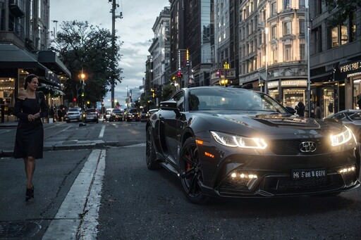 검은색 스포츠카 옆에 한 여자가 길에서 걸어가고